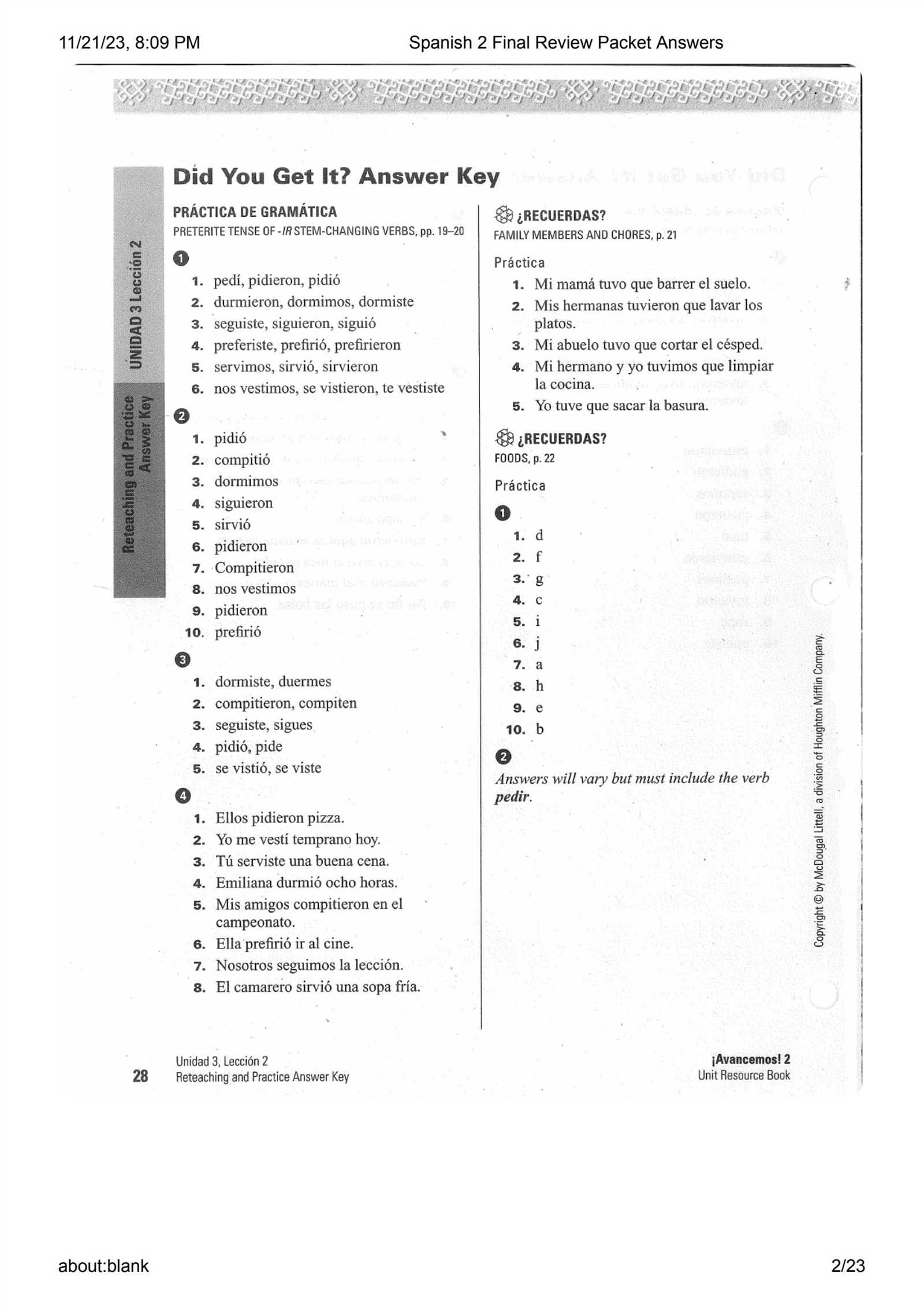 spanish 2 semester 2 exam review answers