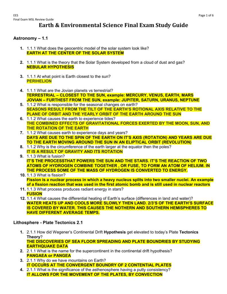 earth science final exam study guide answer key