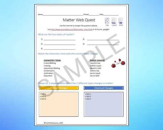 physical and chemical changes in matter webquest answers