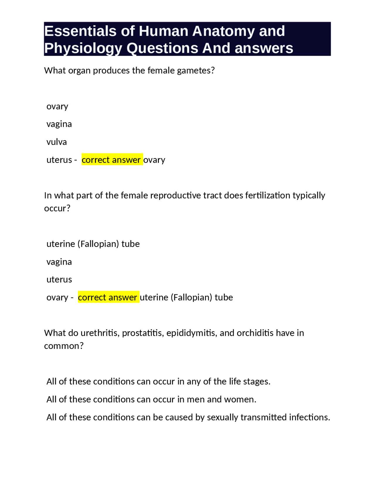 anatomy and physiology tests with answers