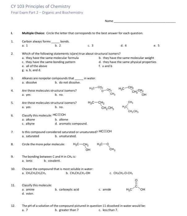 organic chemistry 1 final exam