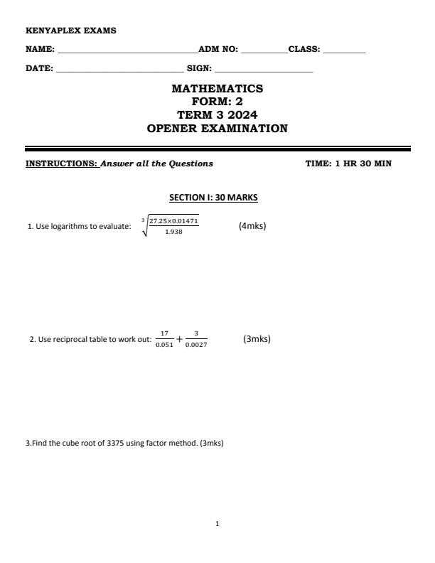 form 2 mathematics exam paper with answer