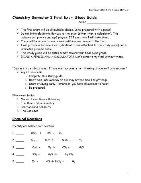 chemistry 1st semester exam review answers