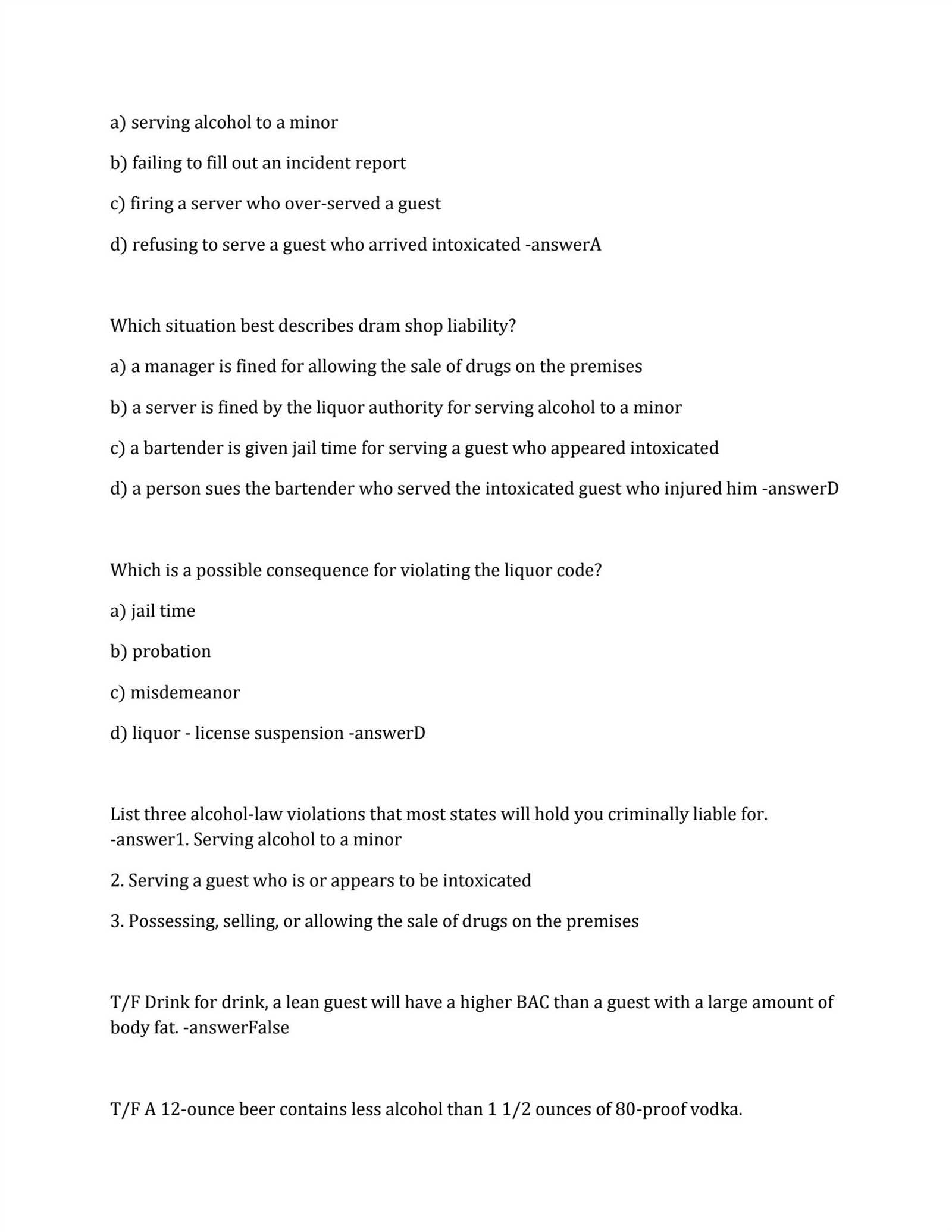 servsafe alcohol primary exam answers