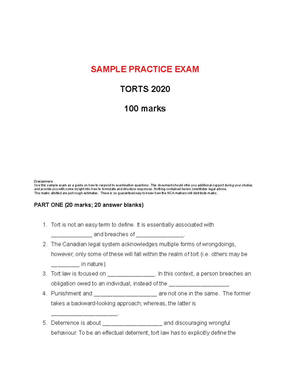 torts exam sample answer