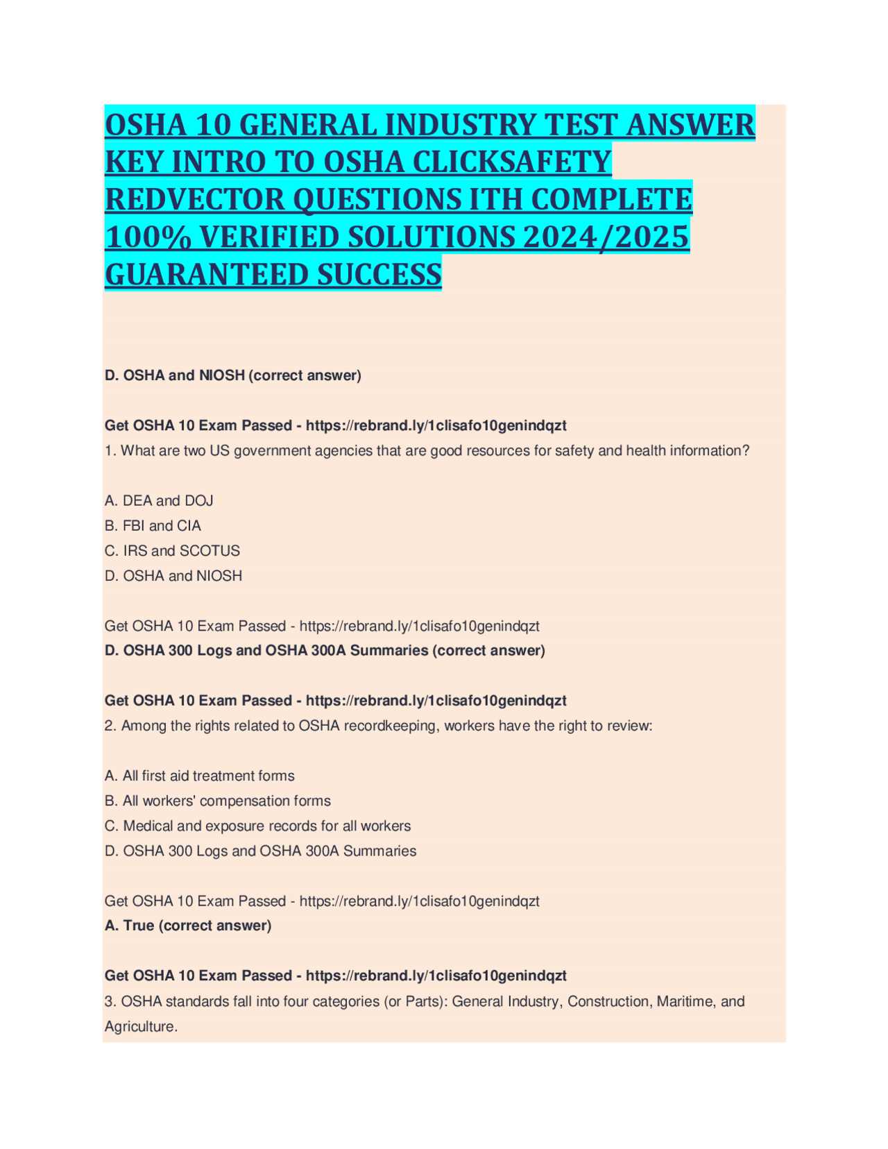 osha 10 final exam answer key