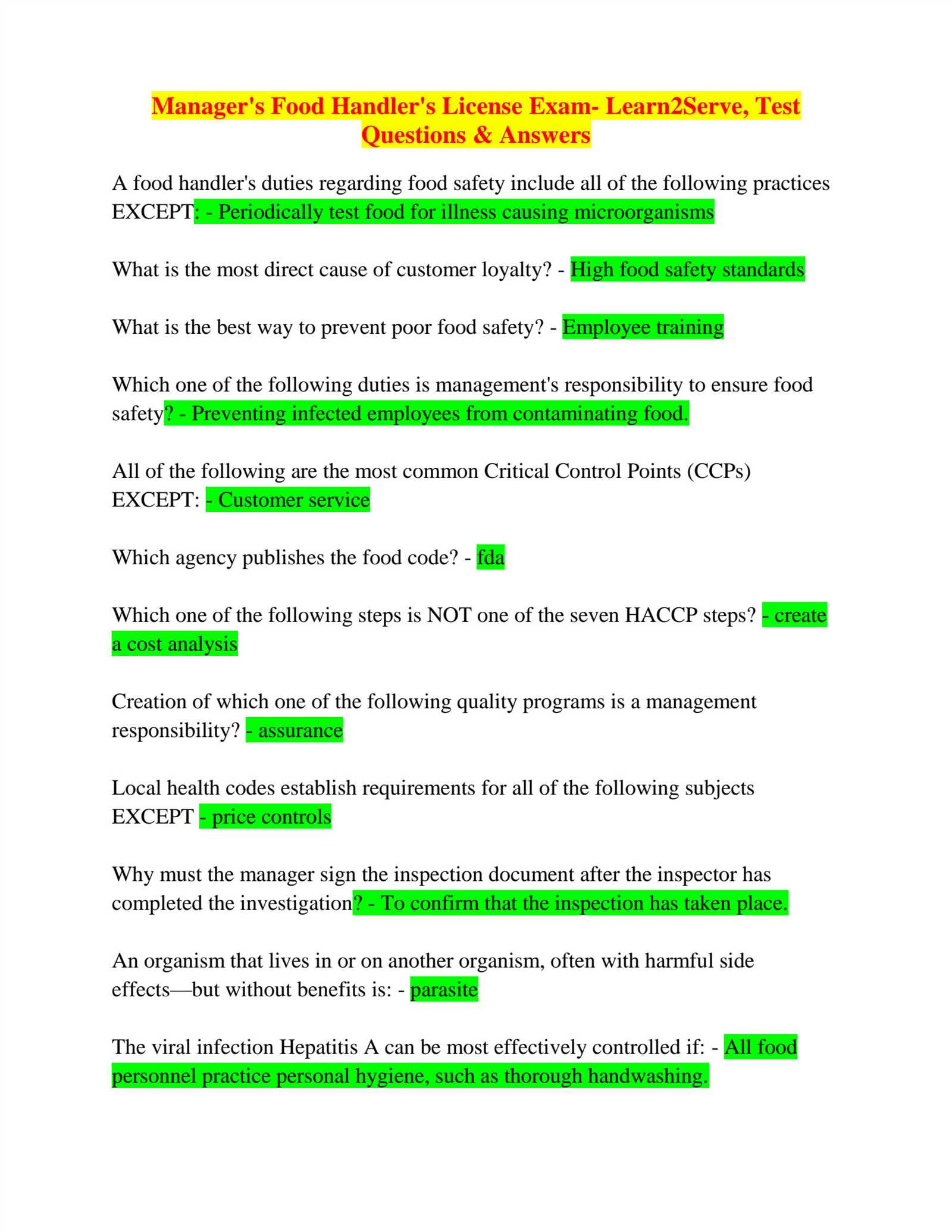 food handler certification exam answers