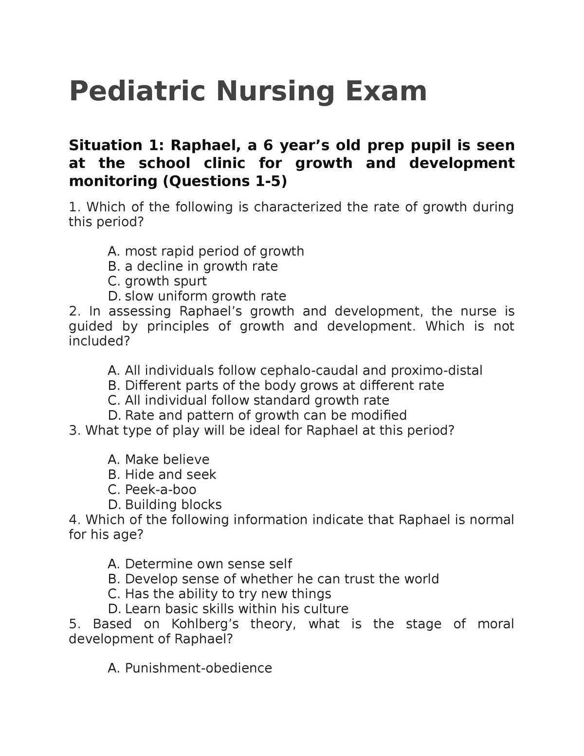 pediatric nursing exam questions answers