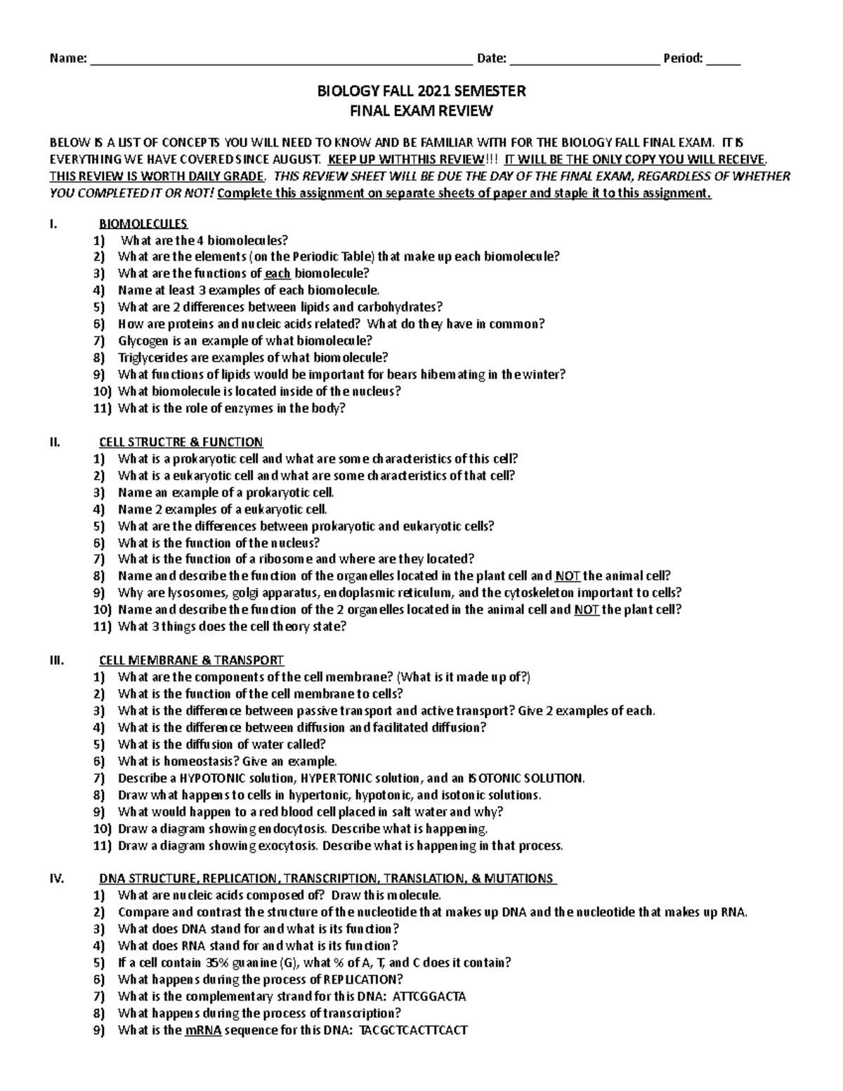 biology fall semester exam review answers