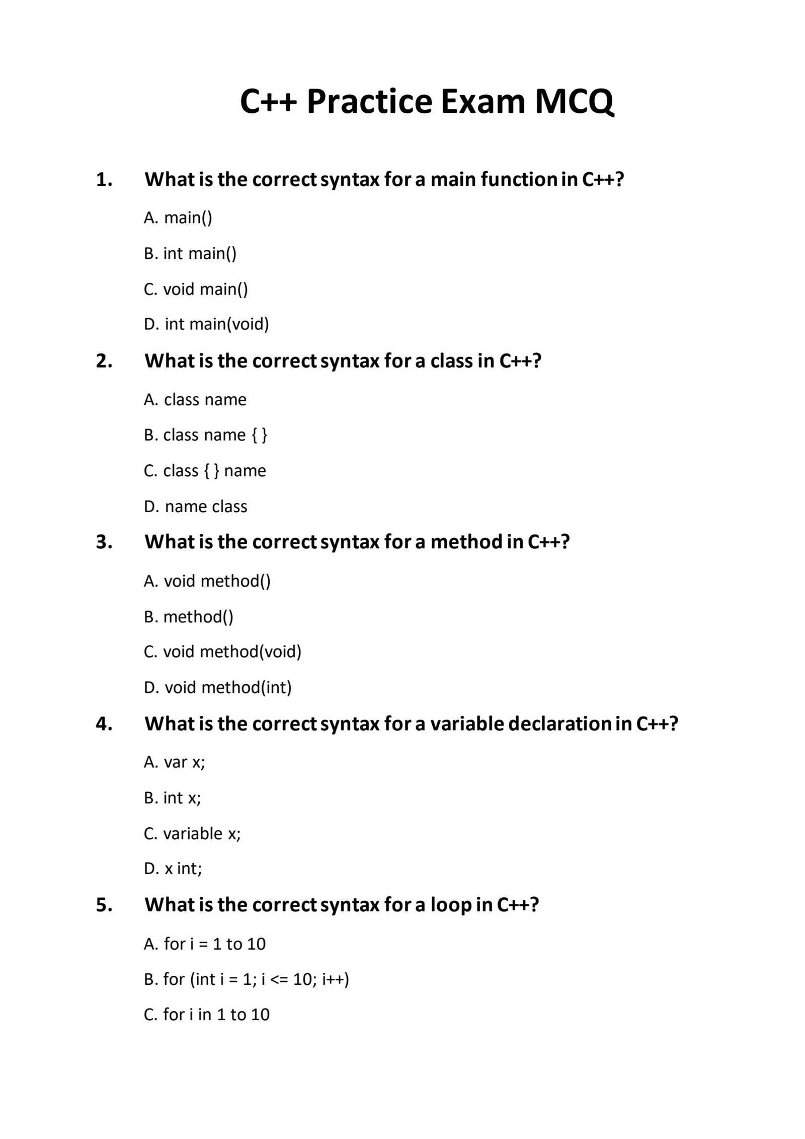 c++ final exam questions and answers