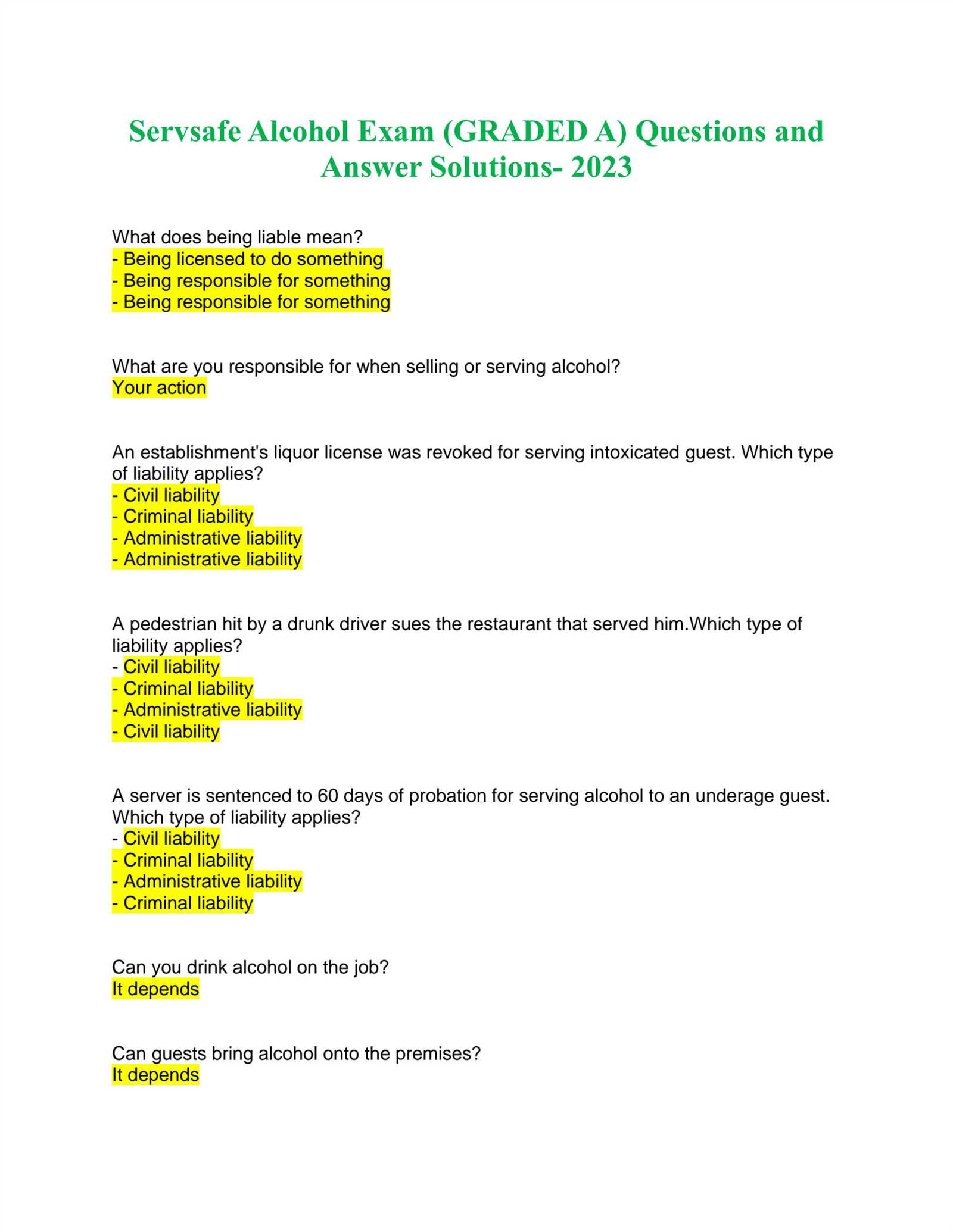 servsafe alcohol exam answer sheet