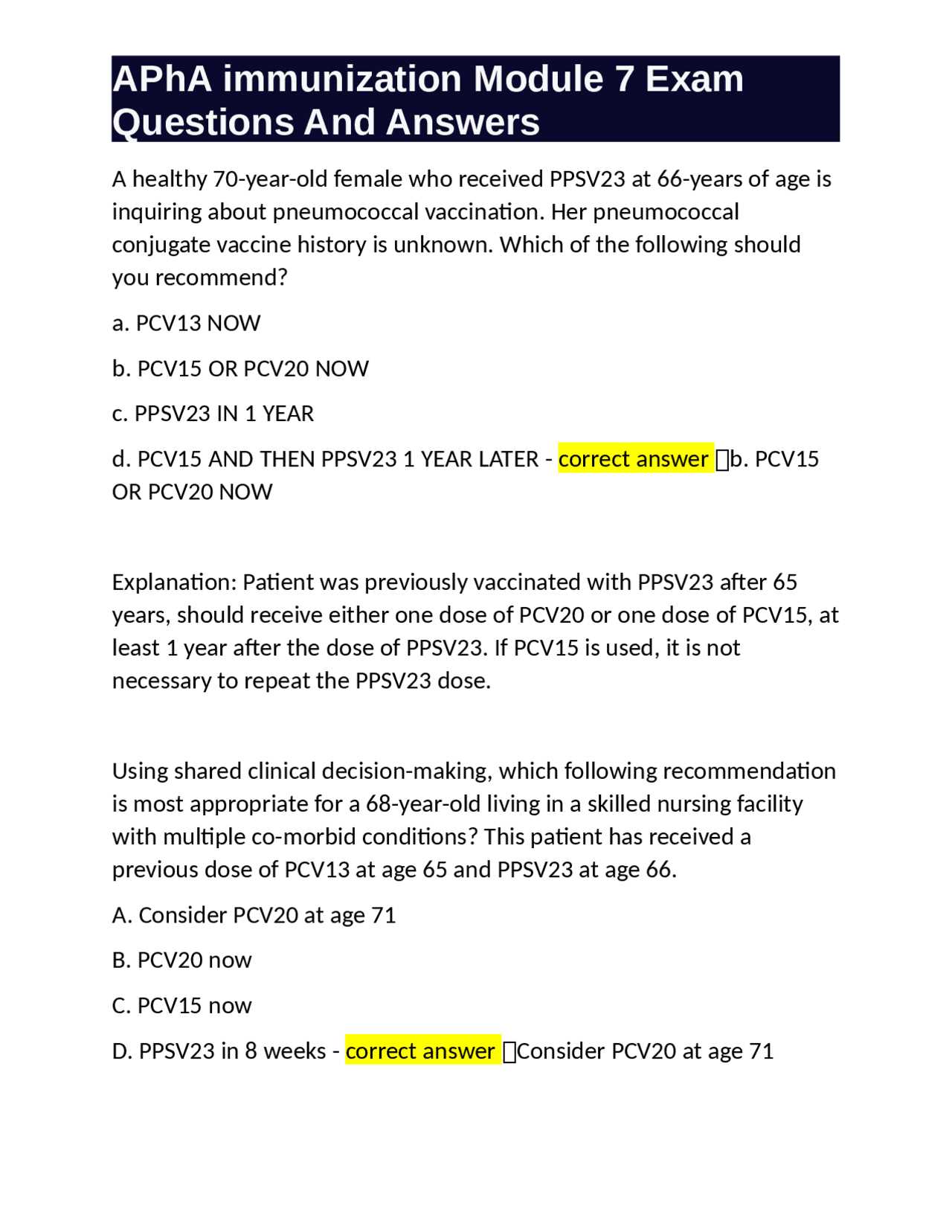 apha immunization exam answers