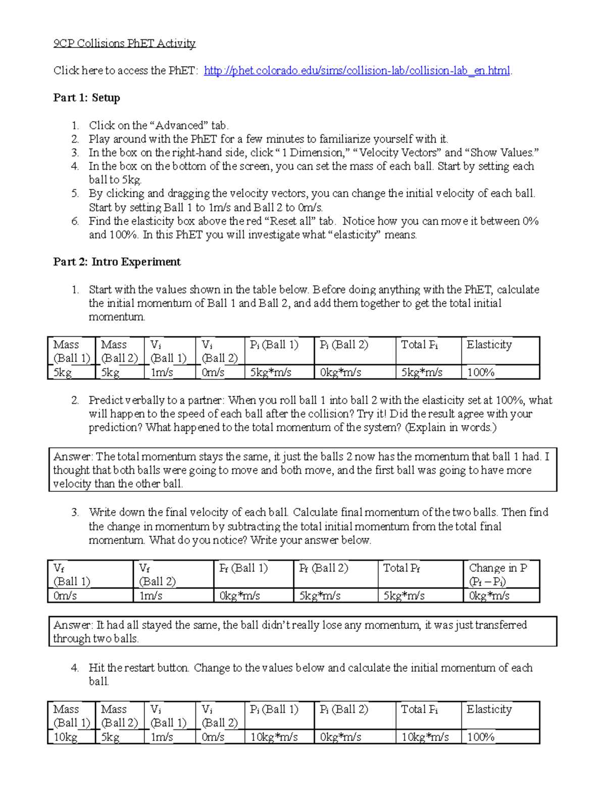 virtual collisions lab answers