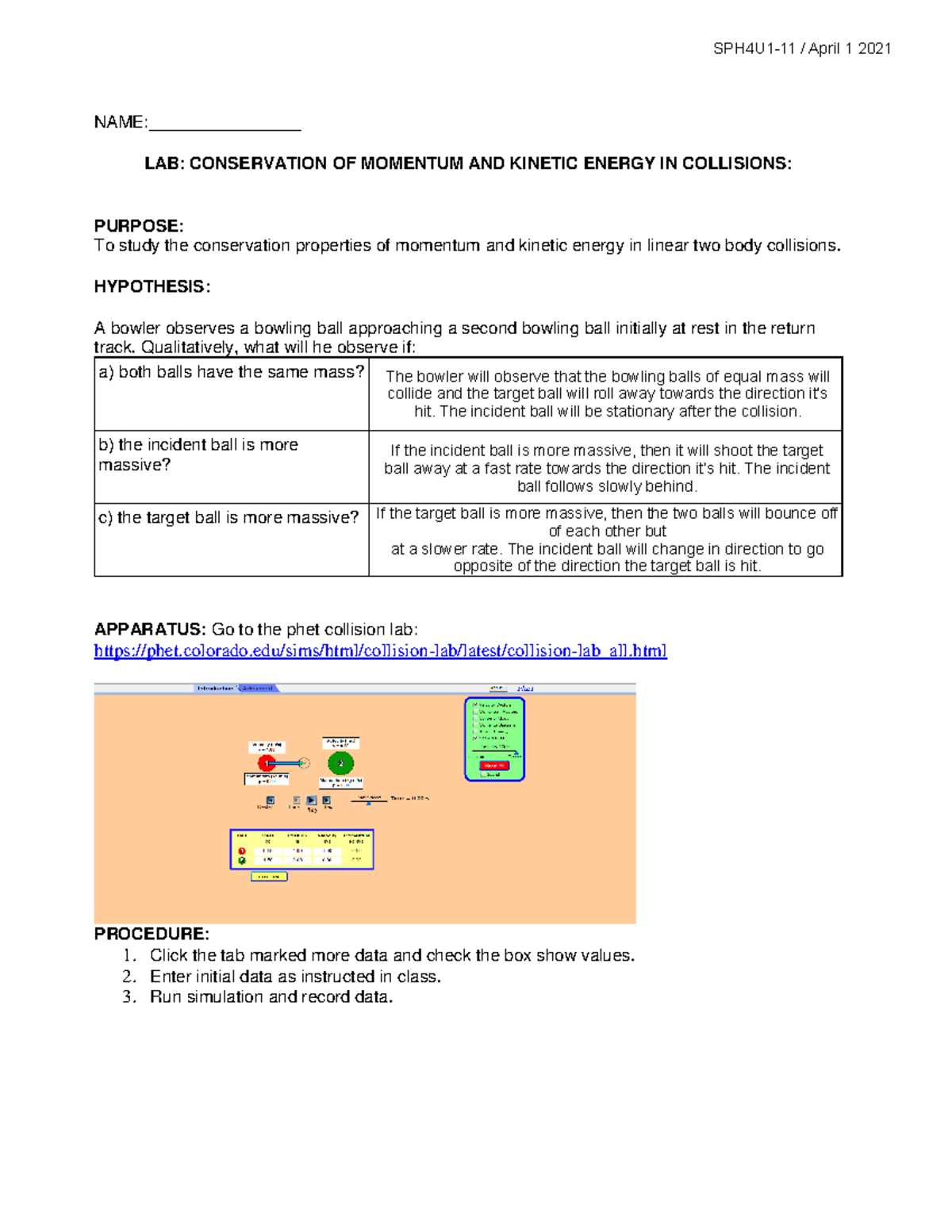 virtual collisions lab answers