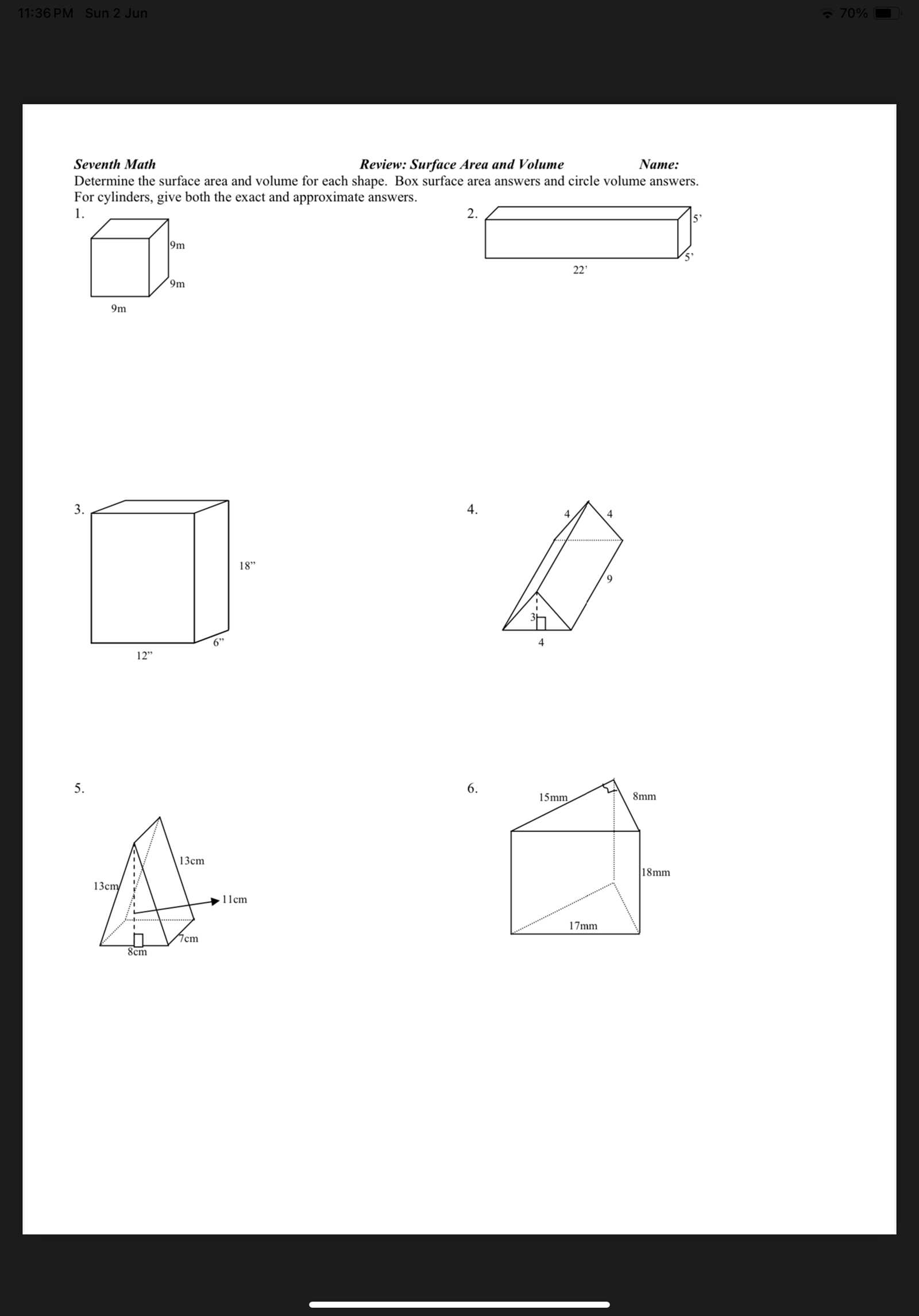 volume review worksheet answers