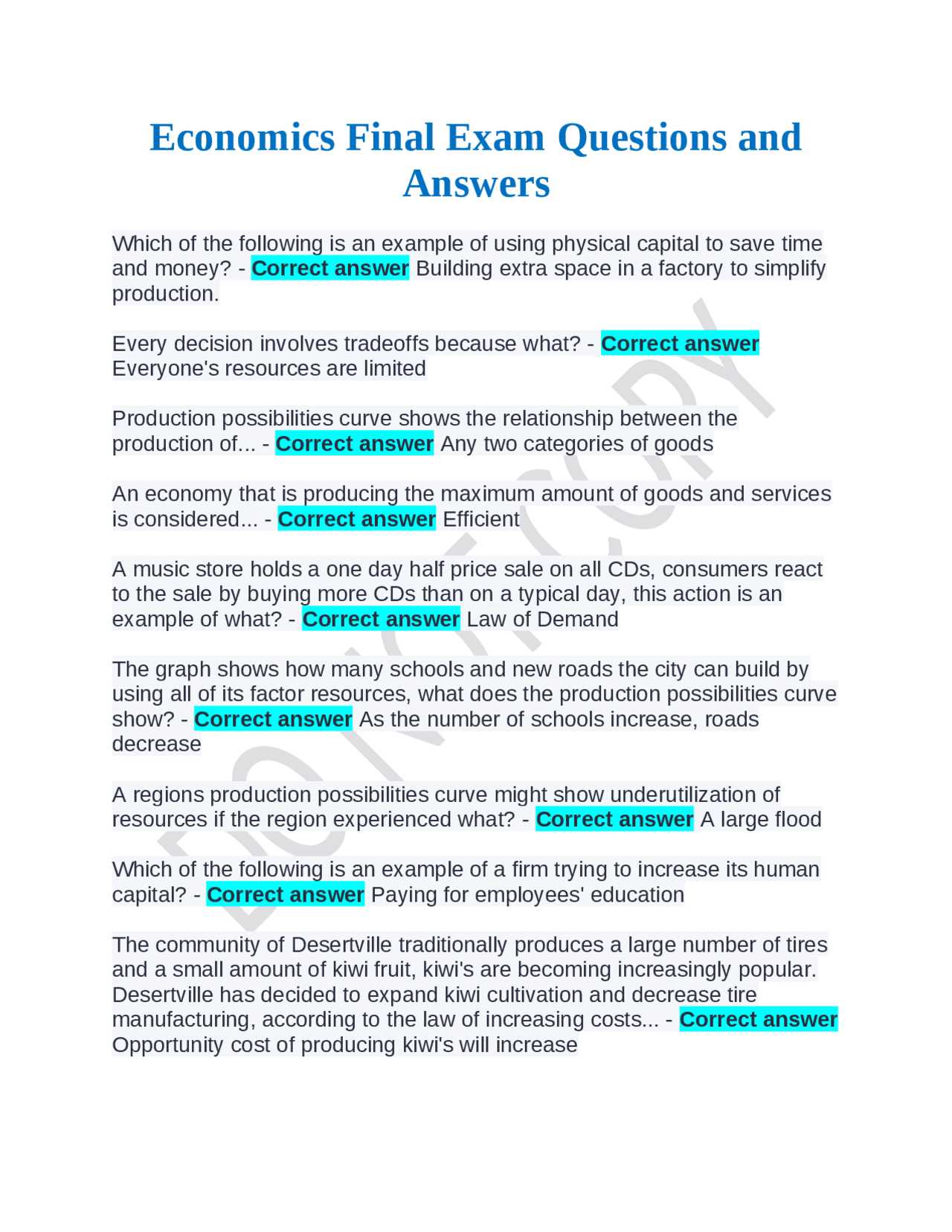 econ exam answers
