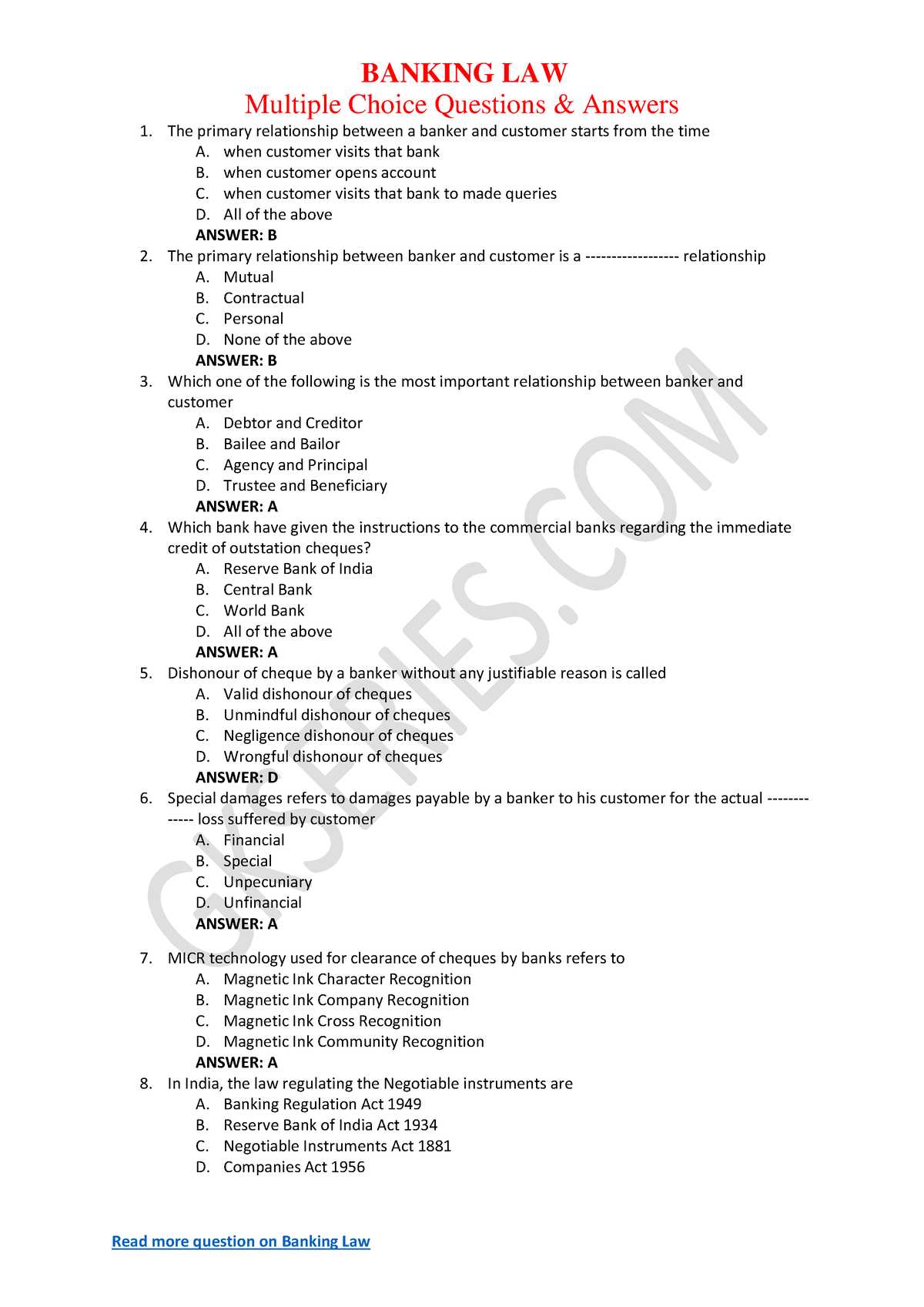 banking law exam questions and answers