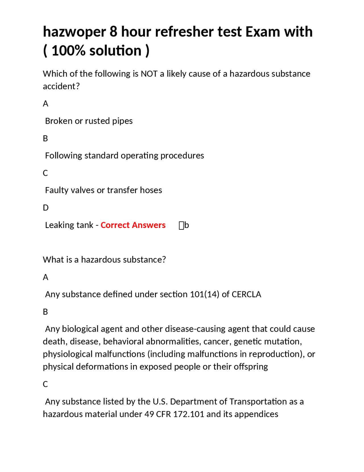 8 hour hazwoper final exam answers