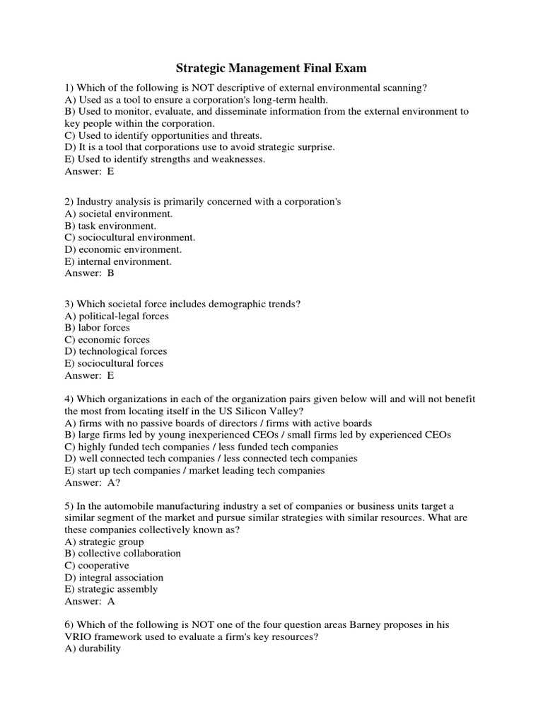 strategic management exam questions and answers