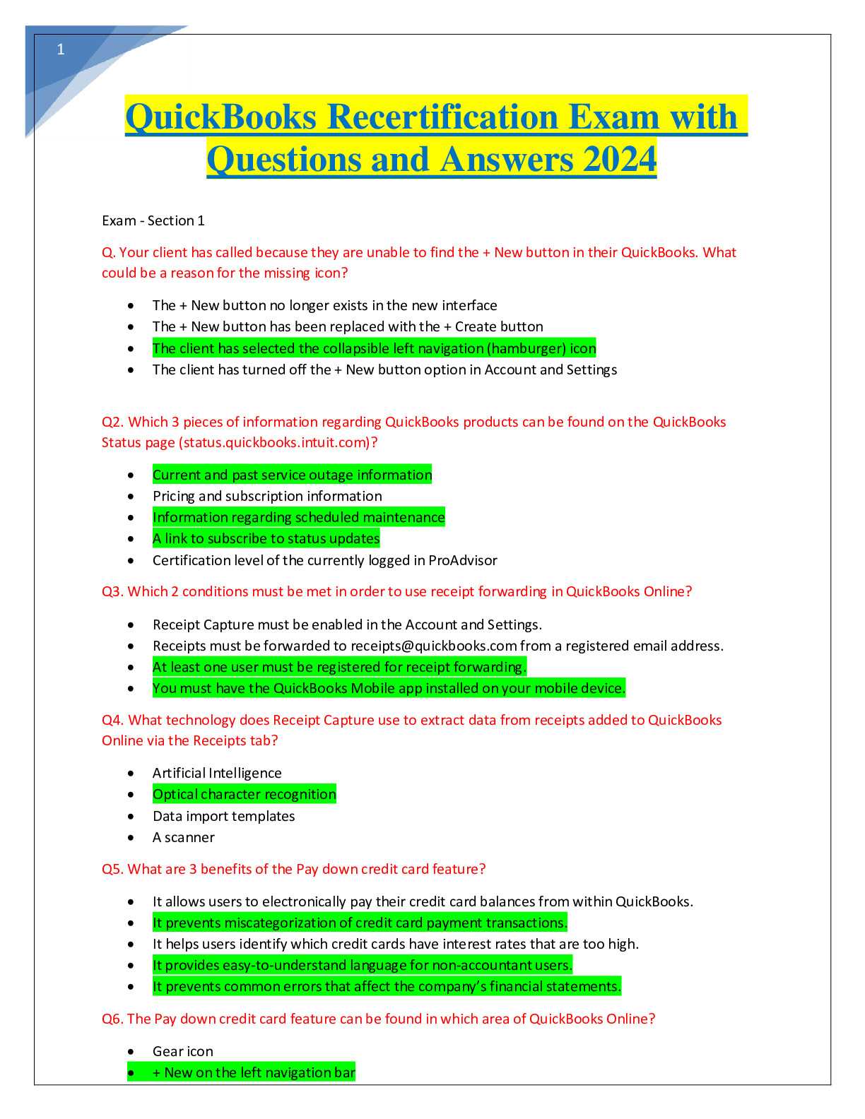 quickbook certification exam answers