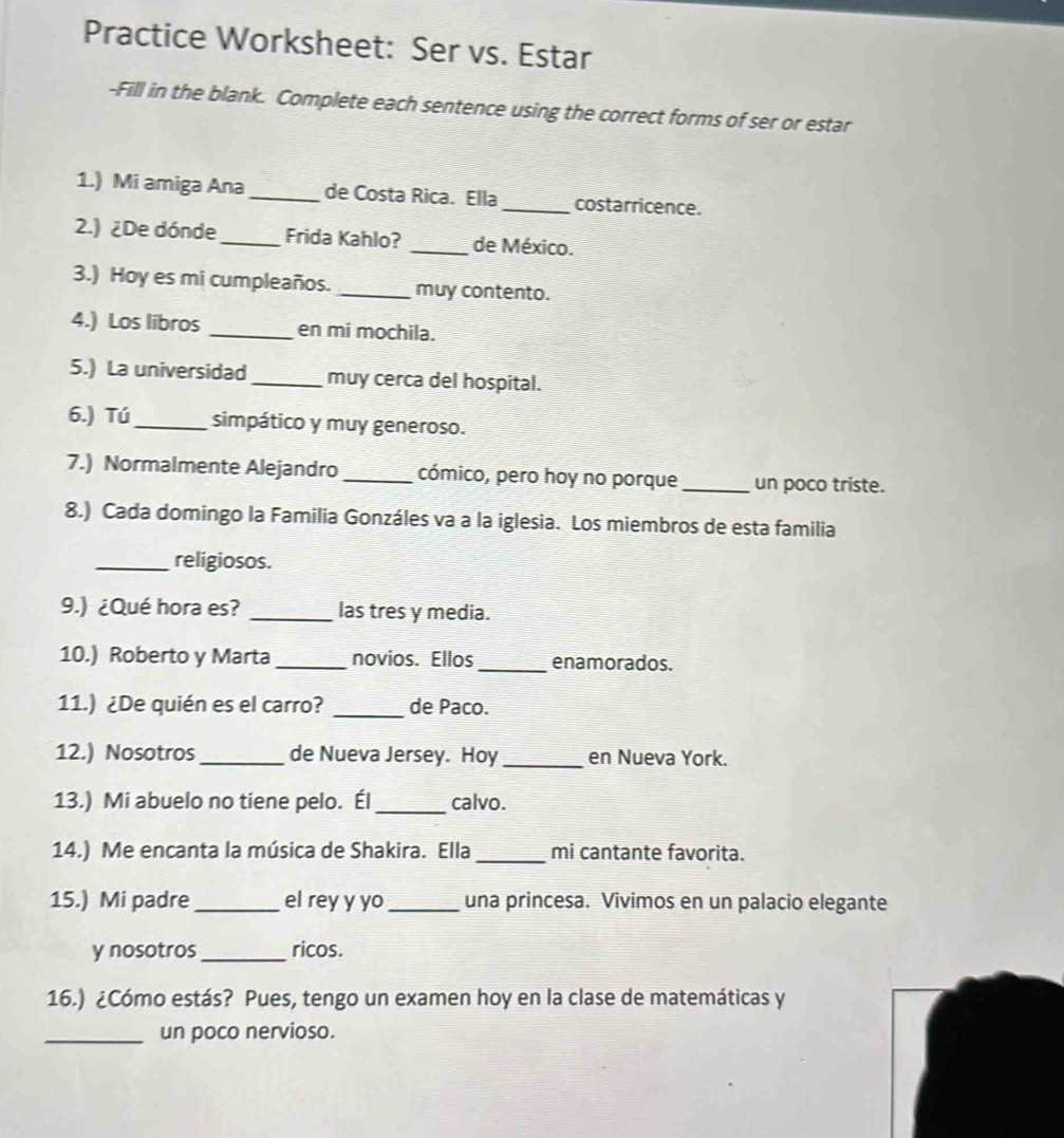 ser vs estar examen 1 answers