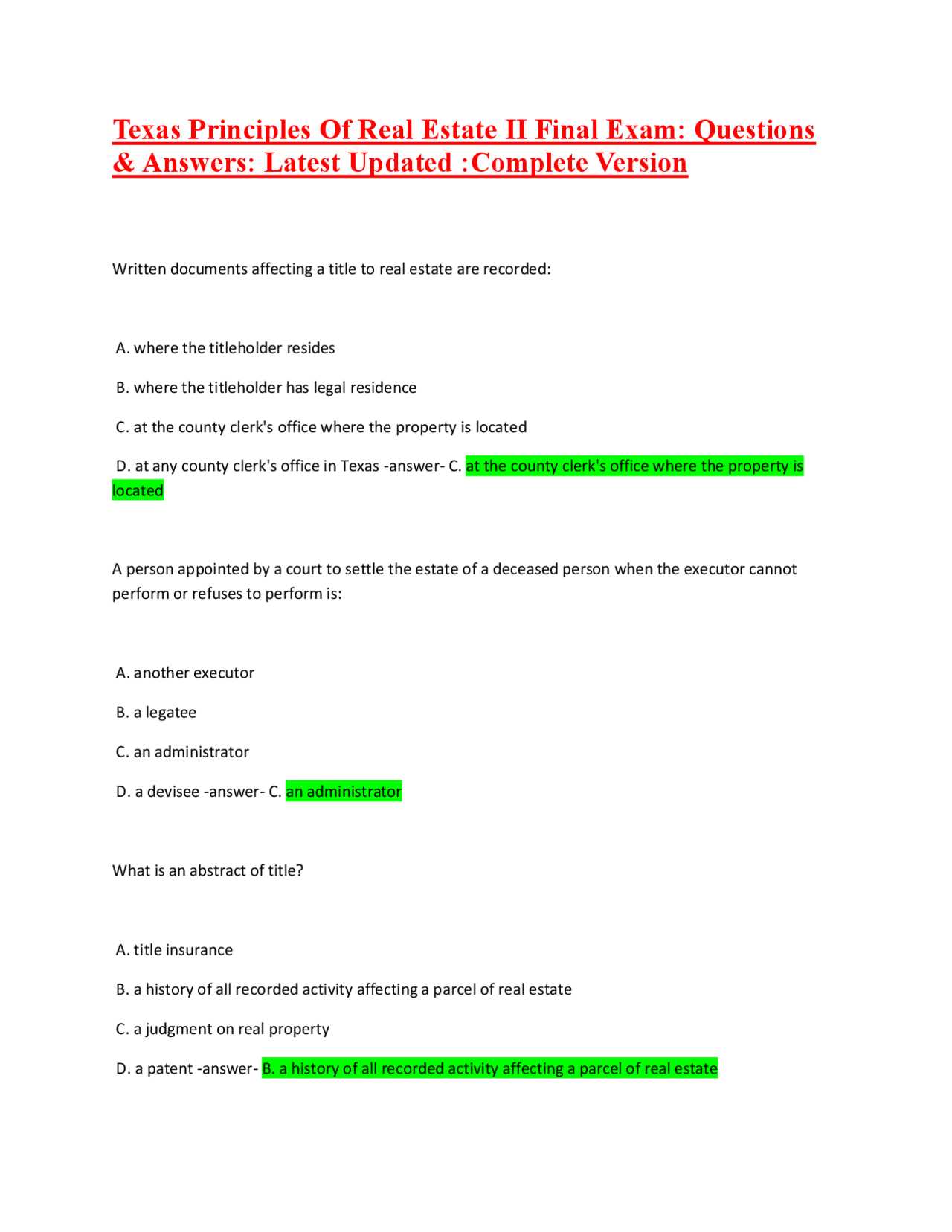 aceable real estate final exam answers