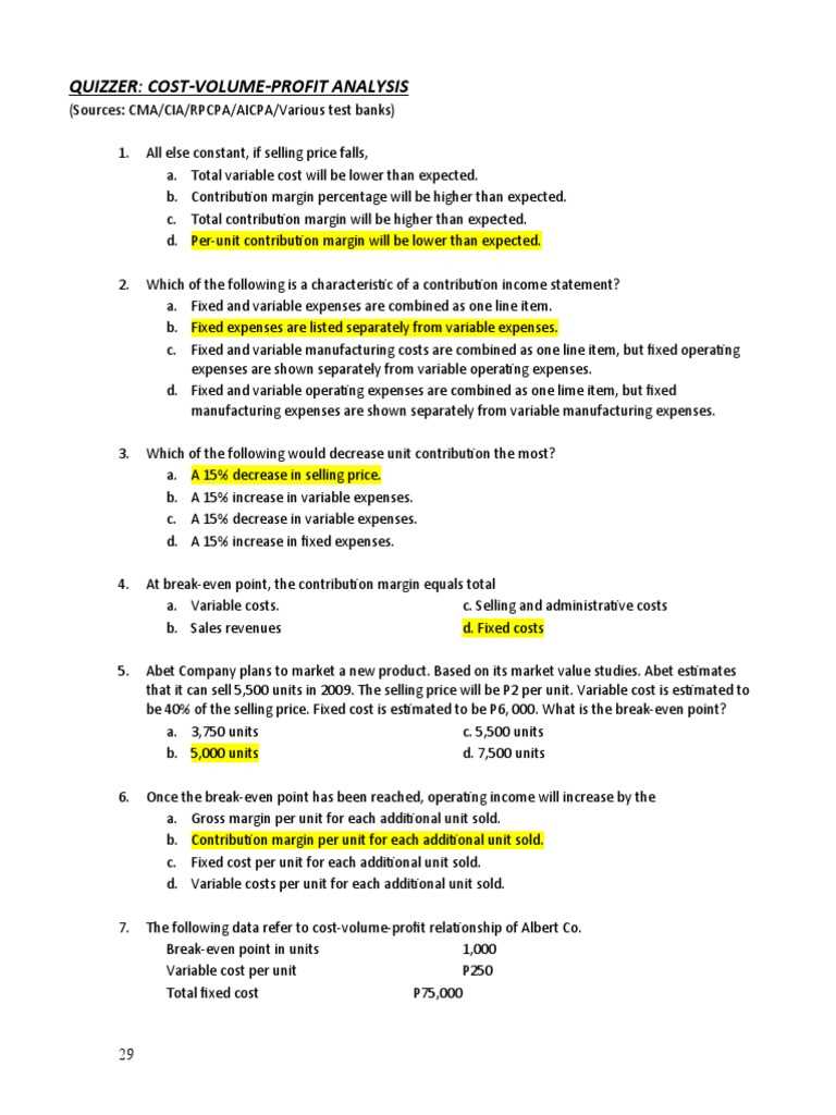 cost volume profit analysis exam questions and answers