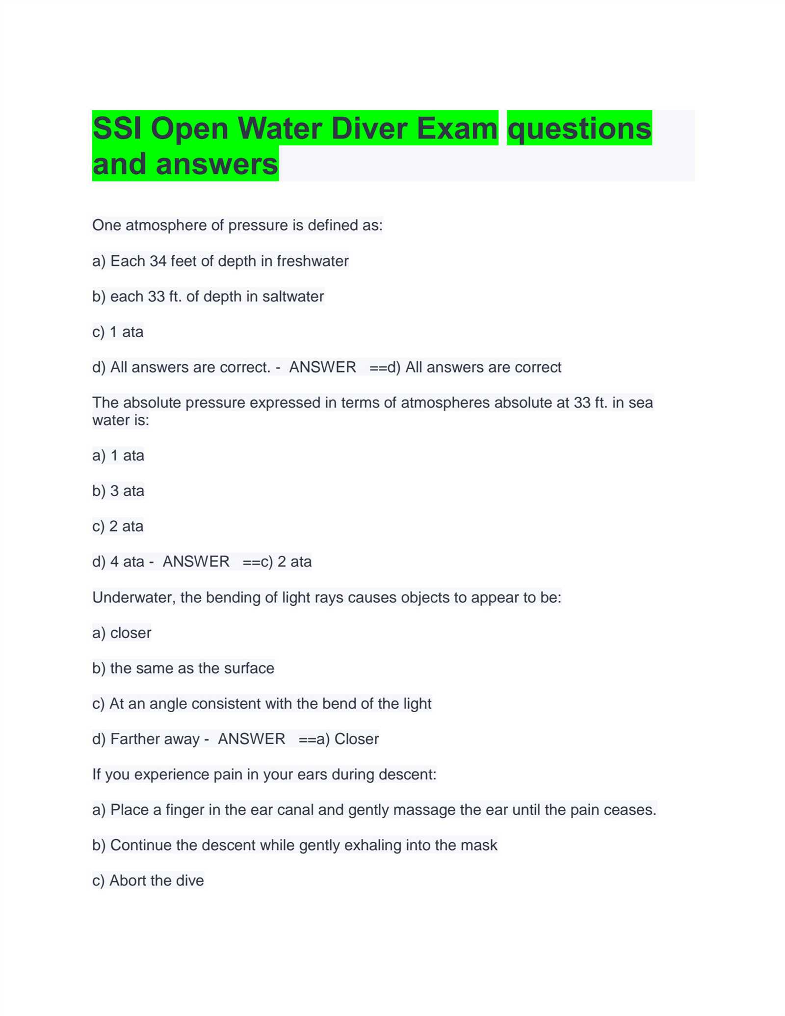 open water diver course final exam answer sheet