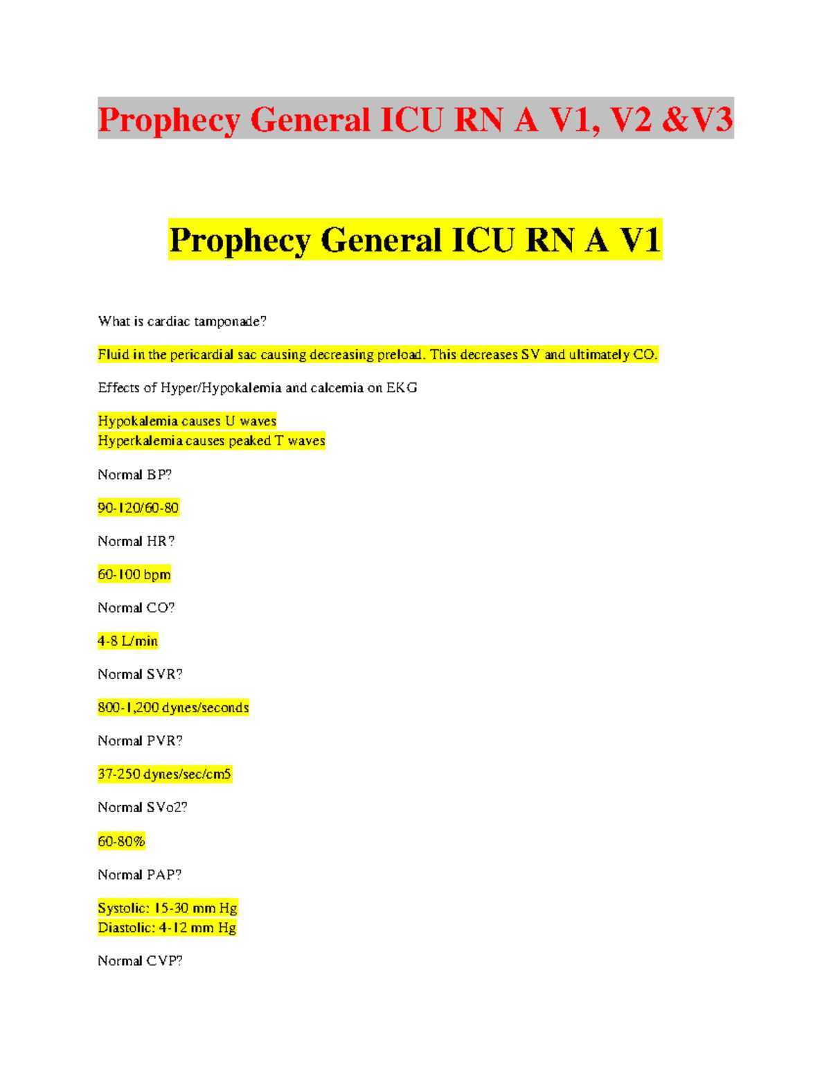 prophecy general icu exam answers