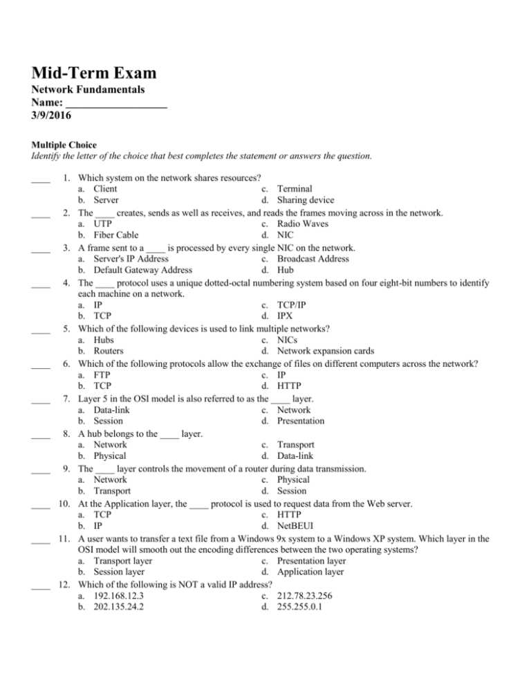 networking exam questions and answers