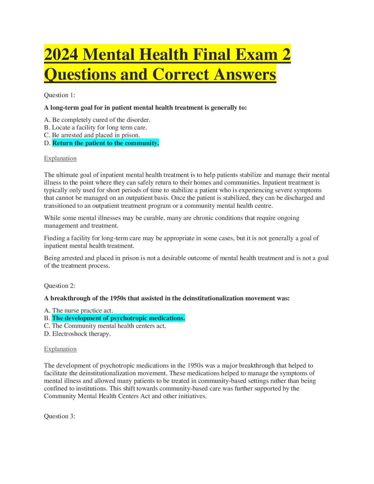 mental health exam questions and answers