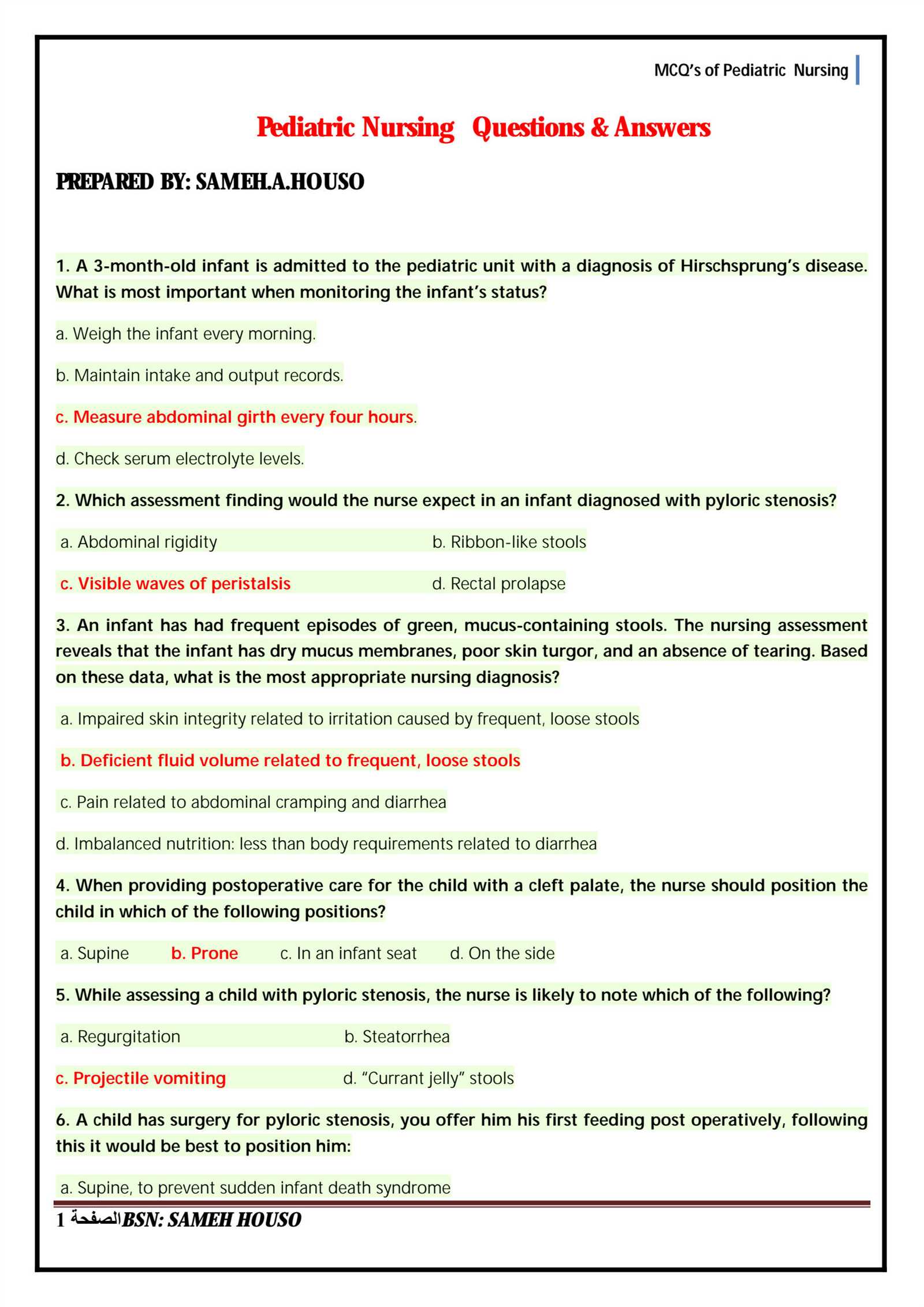 pediatric nursing exam questions answers