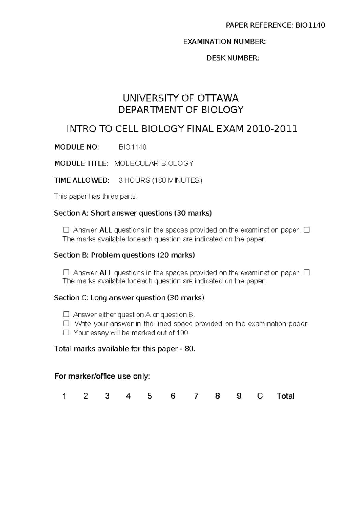 biology 2011 exam answers