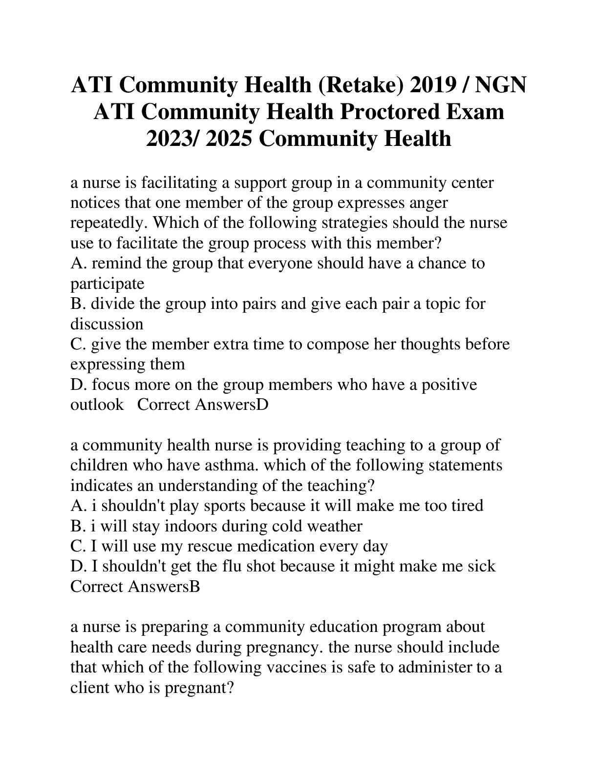 ati community health proctored exam answers